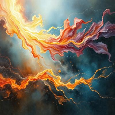 The primary subject of the image is a vibrant and colorful painting of a sunset. The setting is a dark blue sky, which contrasts with the warm and bright colors of the sunset. The visual style of the painting is a mix of digital art and illustration, creating a dynamic and captivating scene. The dominant colors in the painting are orange, yellow, and purple, which evoke a sense of warmth and tranquility. Overall, the painting captures the beauty of a sunset and the striking contrast between the dark sky and the vivid colors of the sunset.